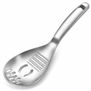Stainless steel multifunction kitchen spoon on a white background