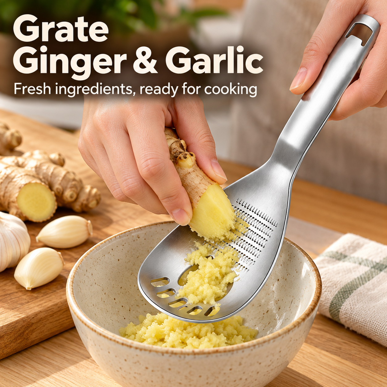 Multifunction spoon grating fresh ginger and garlic