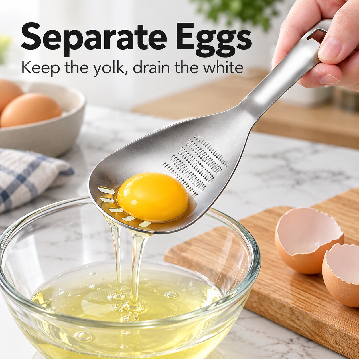 Stainless steel spoon separating egg yolk from egg white