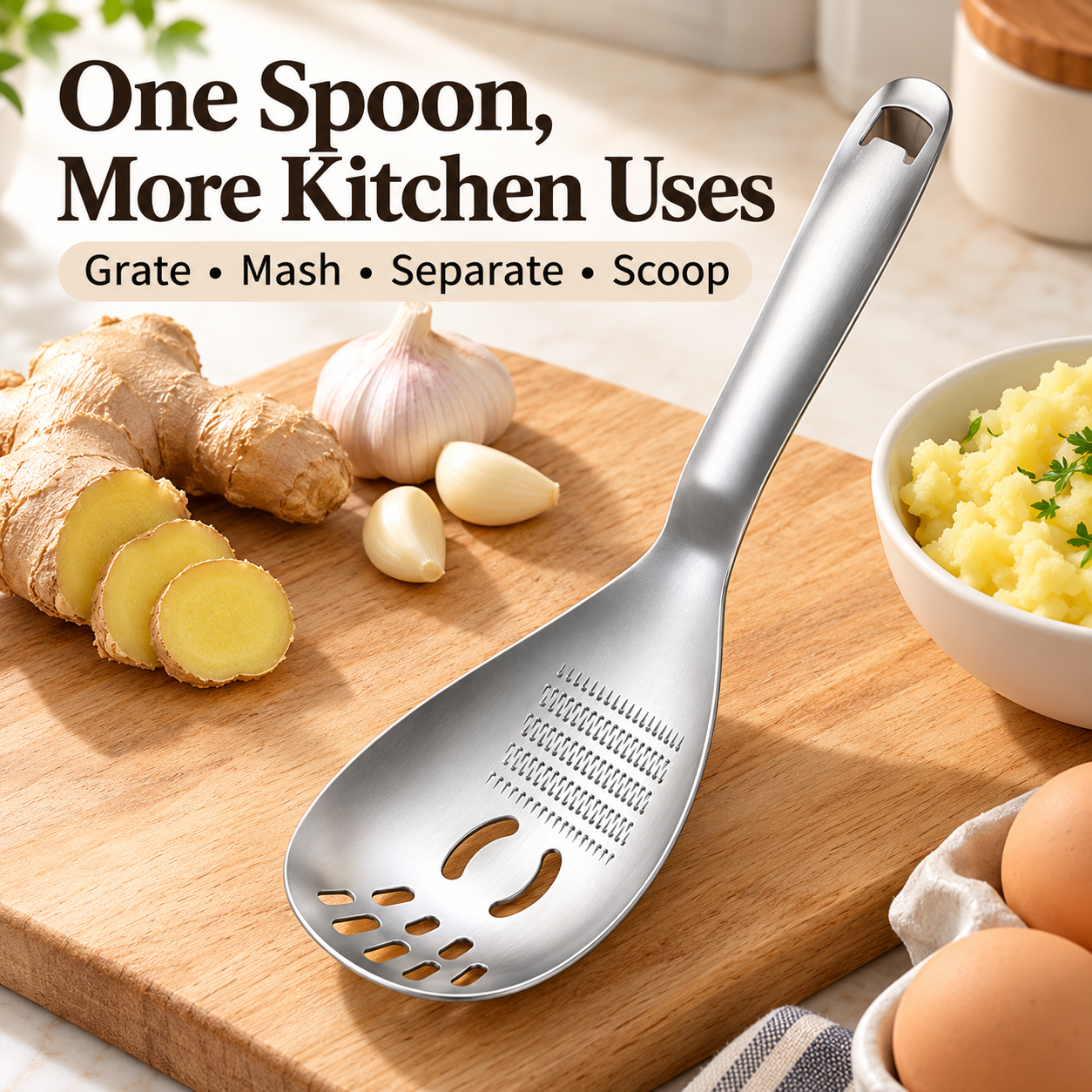 Multifunction stainless steel spoon displayed with kitchen ingredients
