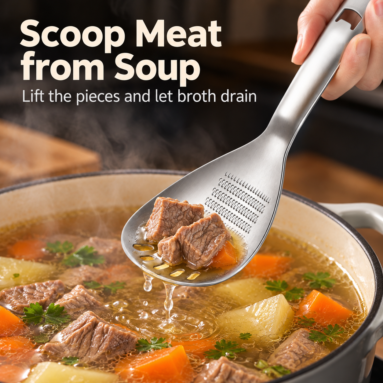 Slotted kitchen spoon scooping cooked beef from soup